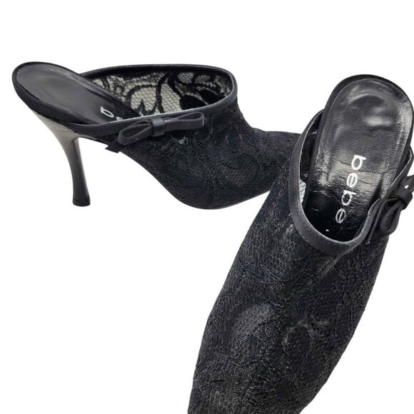 bebe Shoes - Y2K Bebe High Heel Black Mesh Mules Size 6 Made in Spain Leather Sole